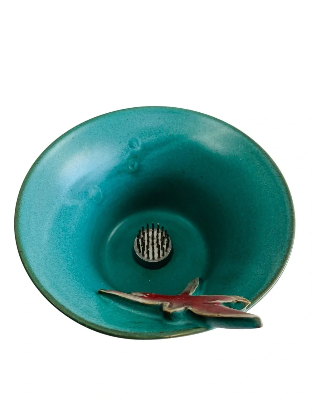 Teal Ikebana Pottery Dragonfly Vase W/ Metal Flower Frog Signed 5“ x 3“
